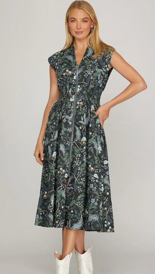 DROP SHOULDER SMOCKED WAIST FRONT ZIP PRINTED DRESS WITH POCKETS, Navy