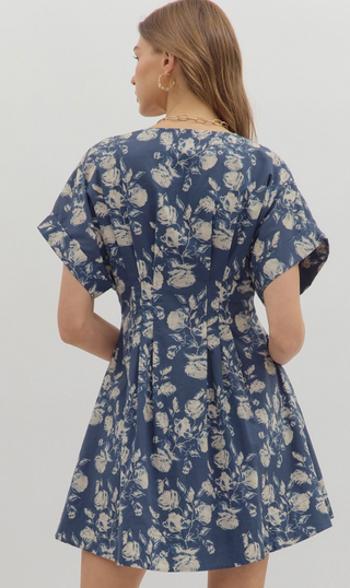 V Neck Button Front Dress, Blue