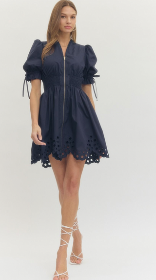 Puff Sleeve V Neck Mini Dress, Navy