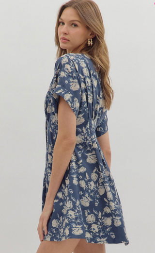 V Neck Button Front Dress, Blue