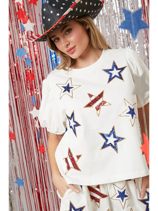 Sequin Stars Embroidery Top, White